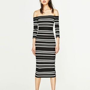 Zara Striped Black and White Midi Dress Size: S